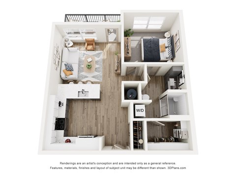 A 3D floor plan of a small apartment with a kitchen, living room, and bedroom.